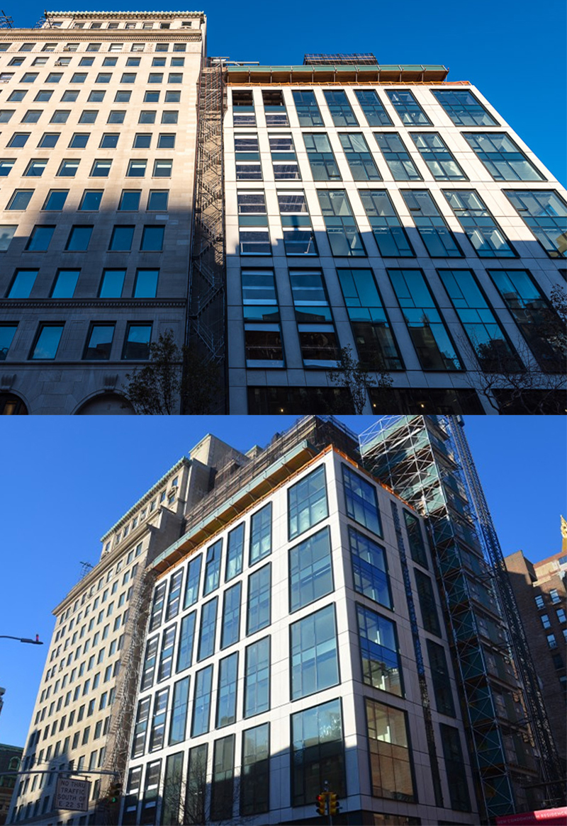 Limestone curtain wall matched to a 1902 building, New York