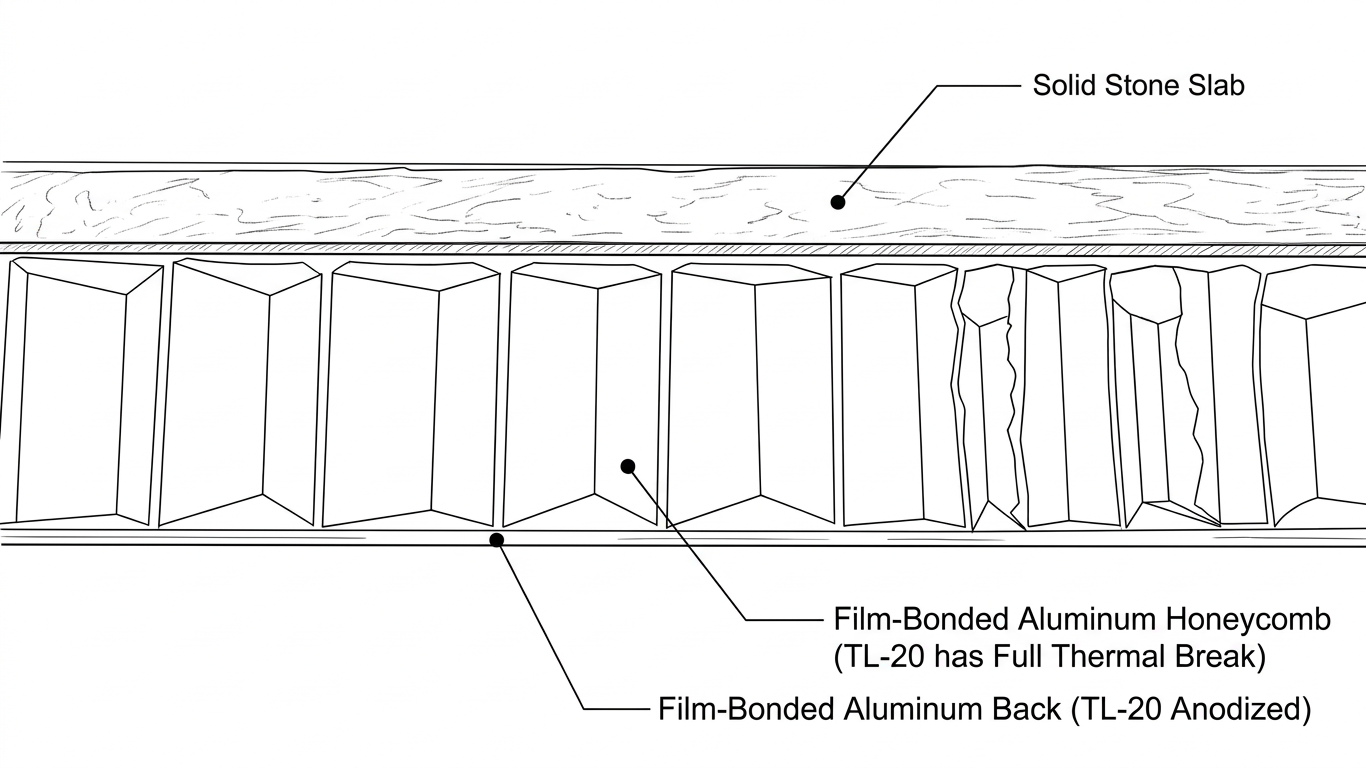 Cross-section of a TL-20 panel: solid stone slab bonded to film-bonded aluminum honeycomb with a full thermal break, over a film-bonded anodized aluminum back.